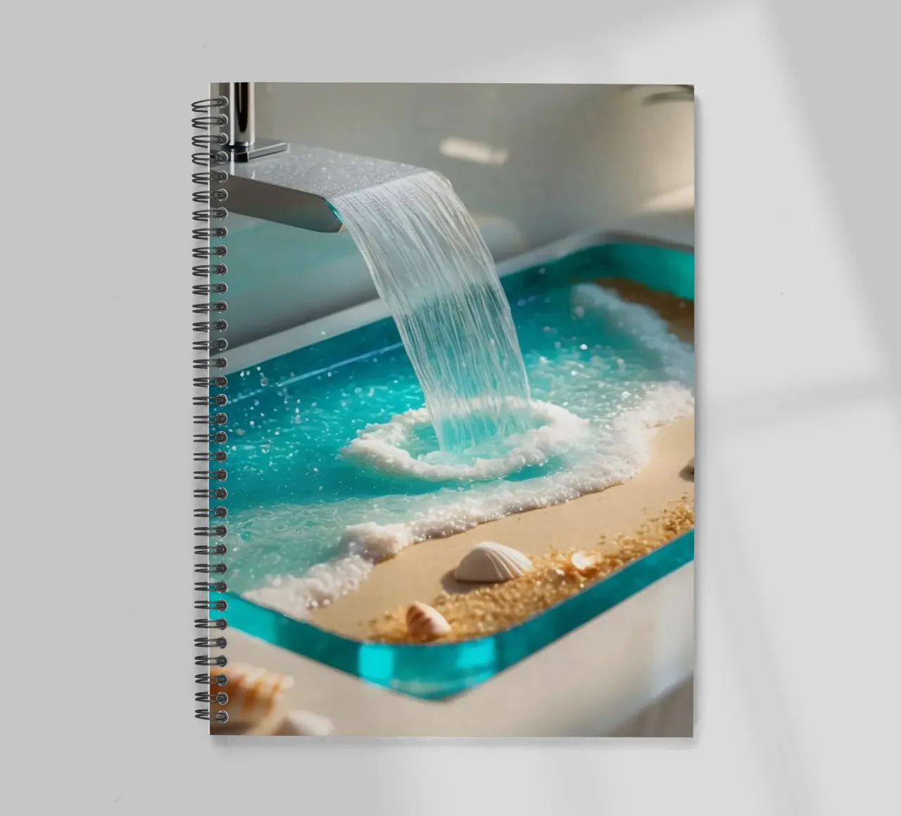 Design des Waschbeckens mit fließendem Wasser und Sandstrand Ringbuch von DesignDoodle