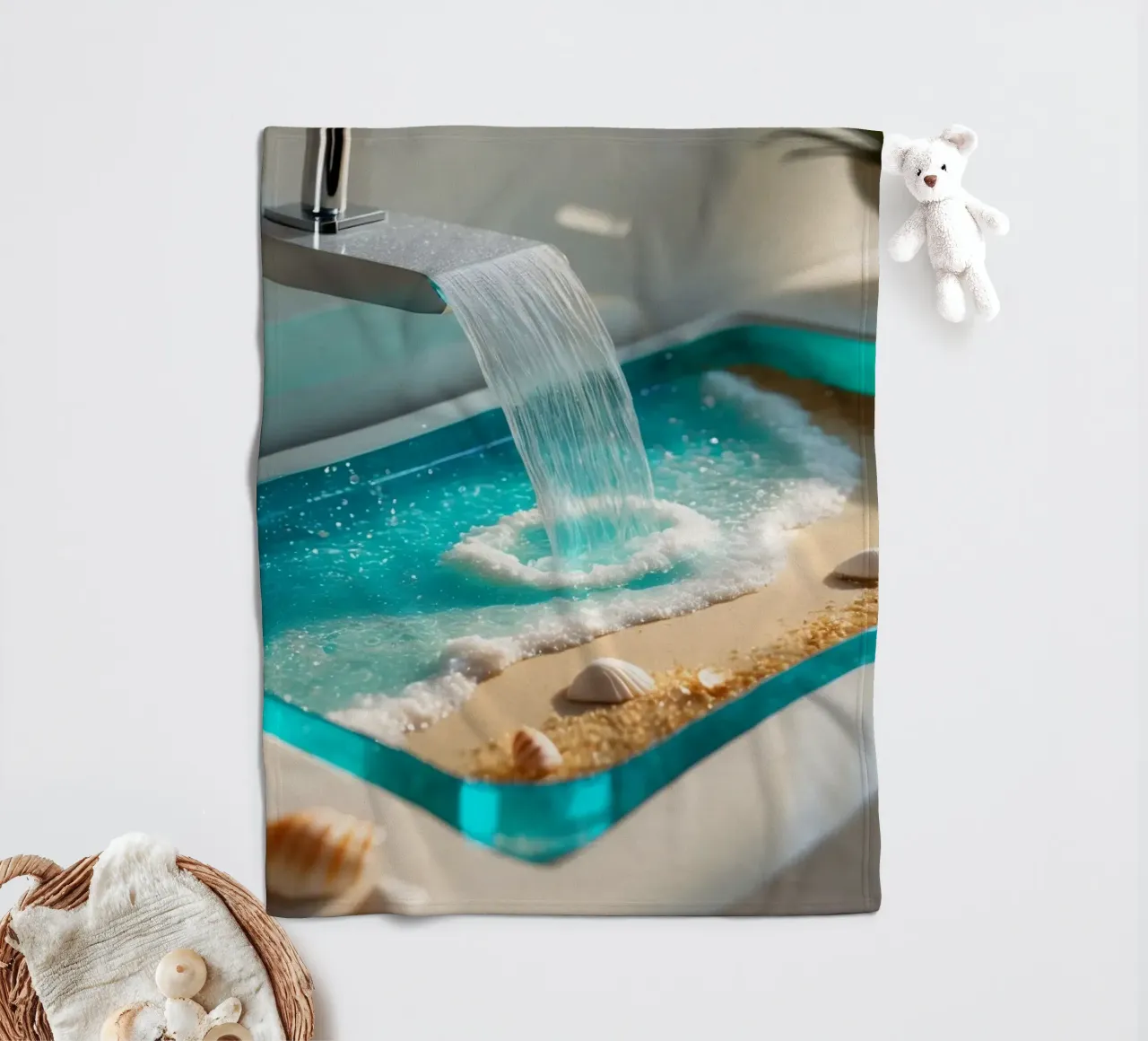 Il design del lavabo del bagno è caratterizzato da acqua che scorre e spiaggia sabbiosa coperta in pile da DesignDoodle