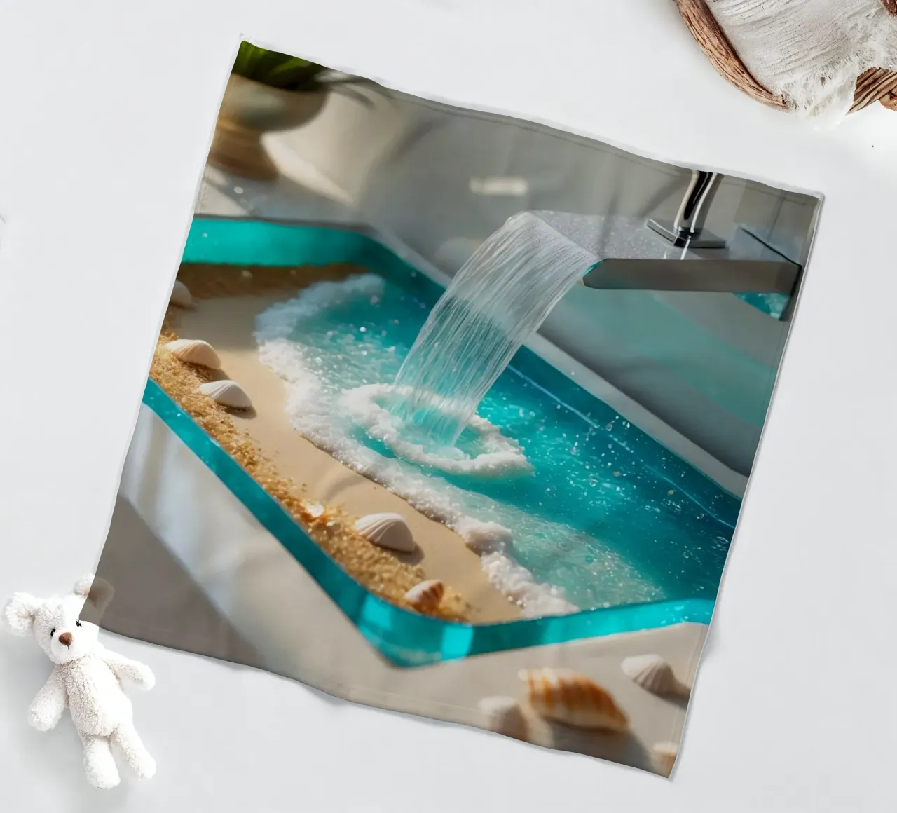 Il design del lavabo del bagno è caratterizzato da acqua che scorre e spiaggia sabbiosa coperta in pile da DesignDoodle