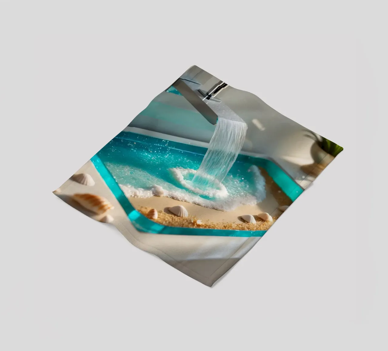 Il design del lavabo del bagno è caratterizzato da acqua che scorre e spiaggia sabbiosa coperta in pile da DesignDoodle