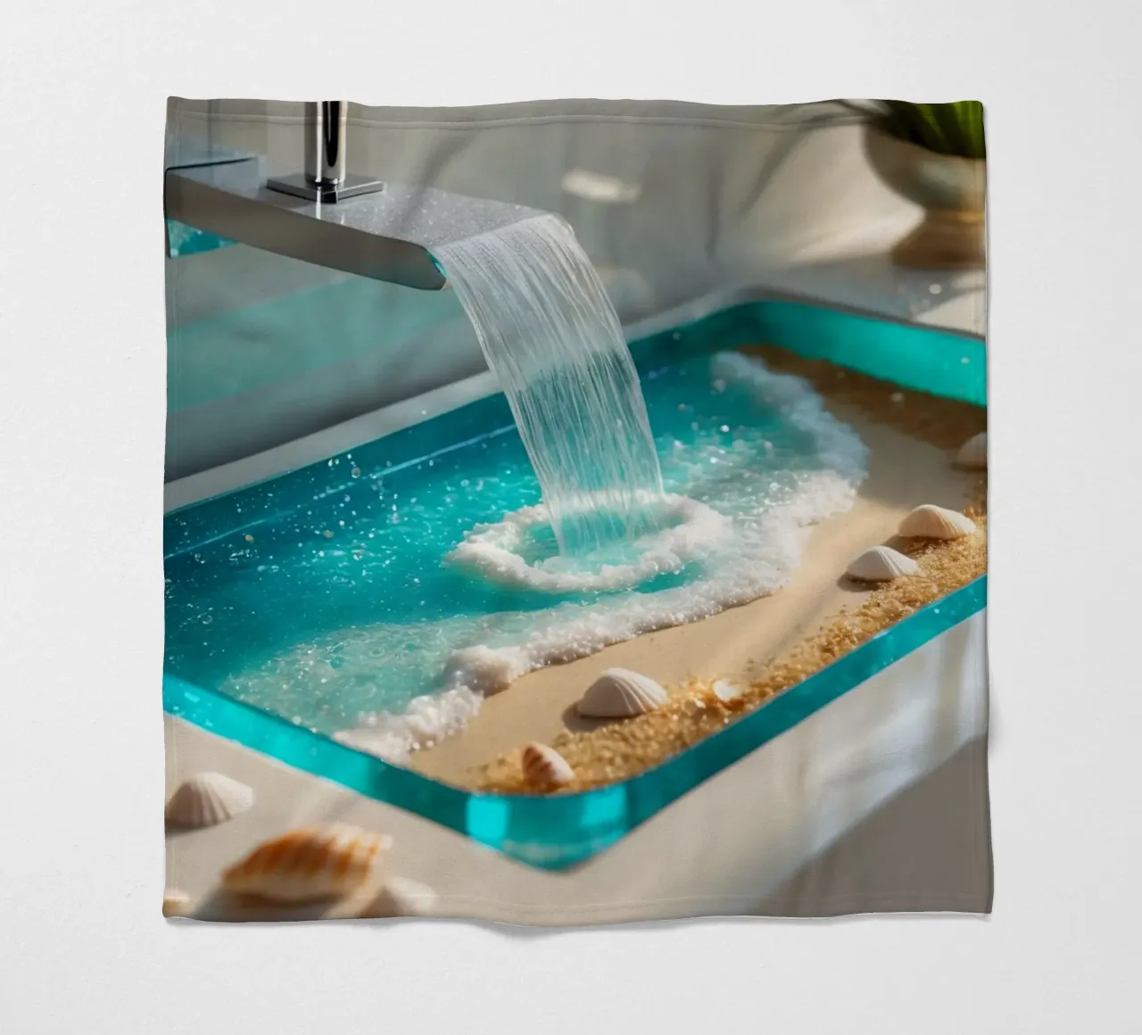 Il design del lavabo del bagno è caratterizzato da acqua che scorre e spiaggia sabbiosa coperta in pile da DesignDoodle