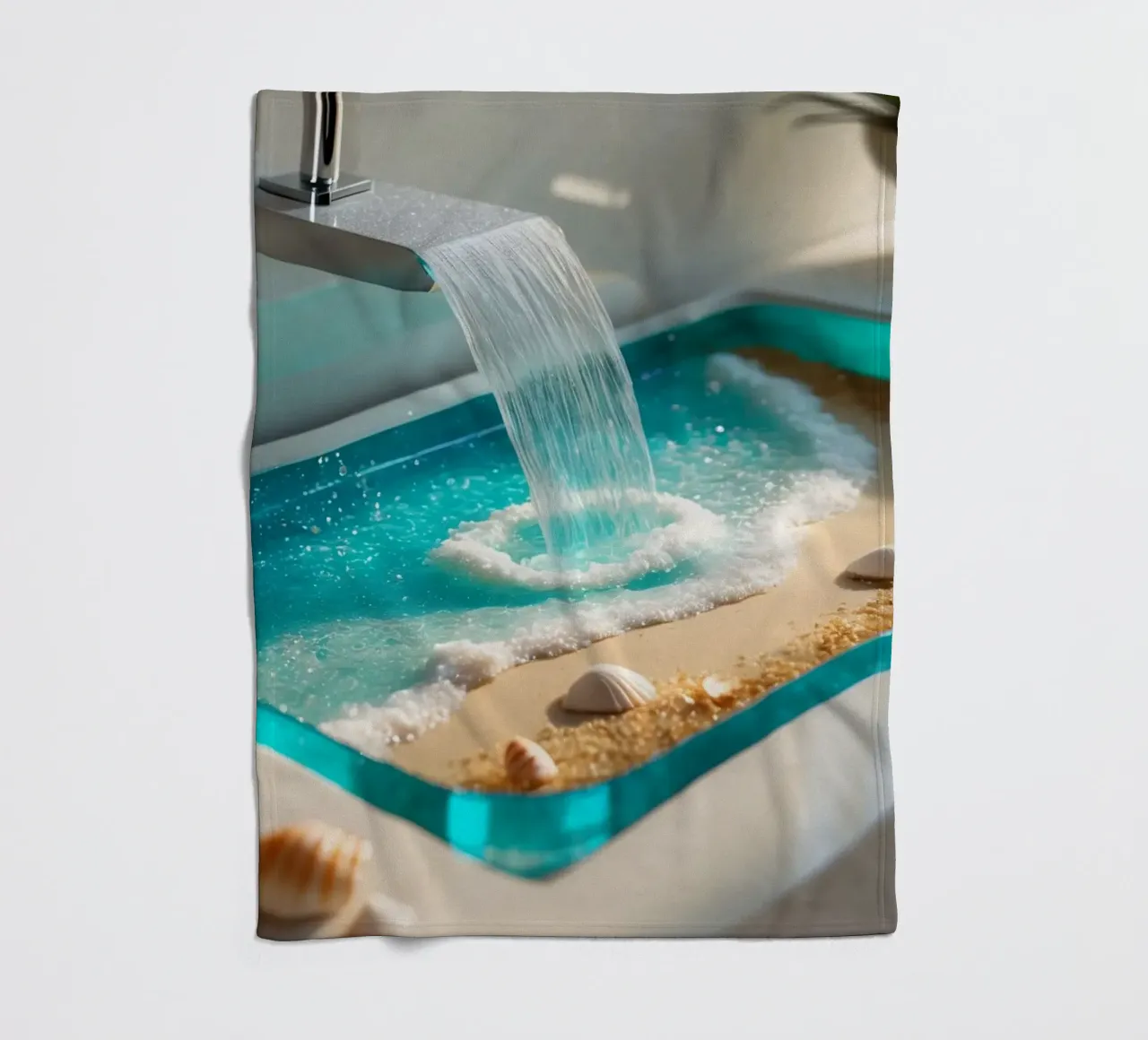 Il design del lavabo del bagno è caratterizzato da acqua che scorre e spiaggia sabbiosa coperta in pile da DesignDoodle