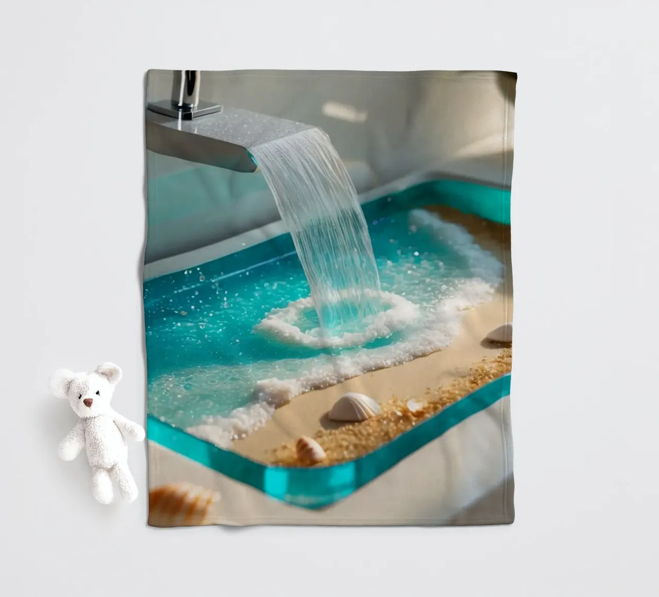 Il design del lavabo del bagno è caratterizzato da acqua che scorre e spiaggia sabbiosa coperta in pile da DesignDoodle