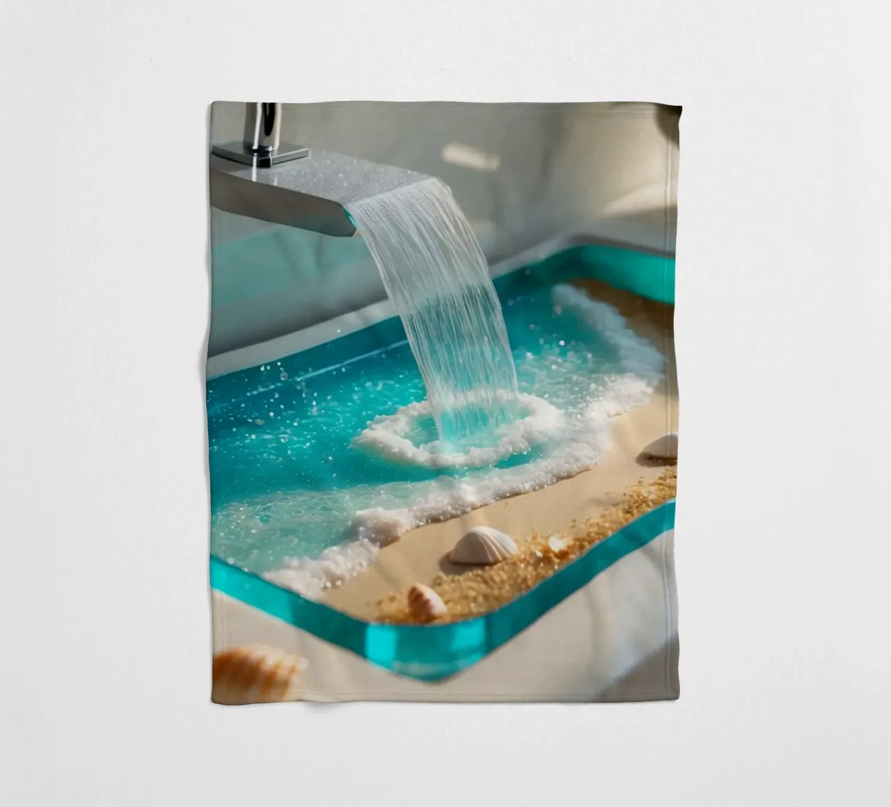 Il design del lavabo del bagno è caratterizzato da acqua che scorre e spiaggia sabbiosa coperta in pile da DesignDoodle