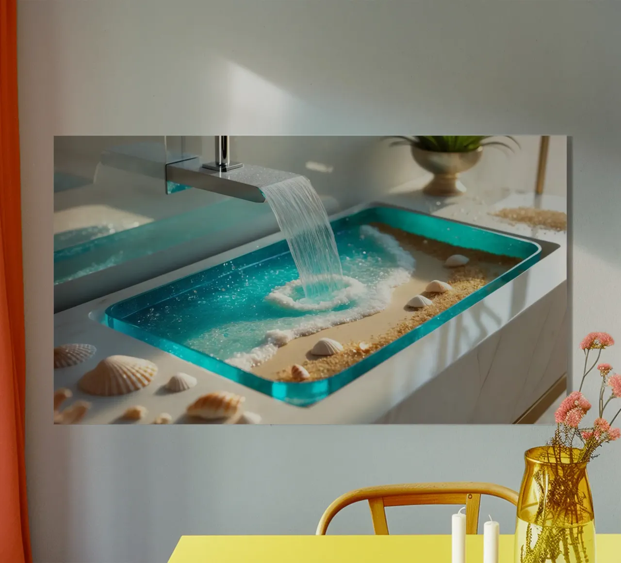 diseño de lavabo con agua corriente y playa de arena metacrilato de DesignDoodle