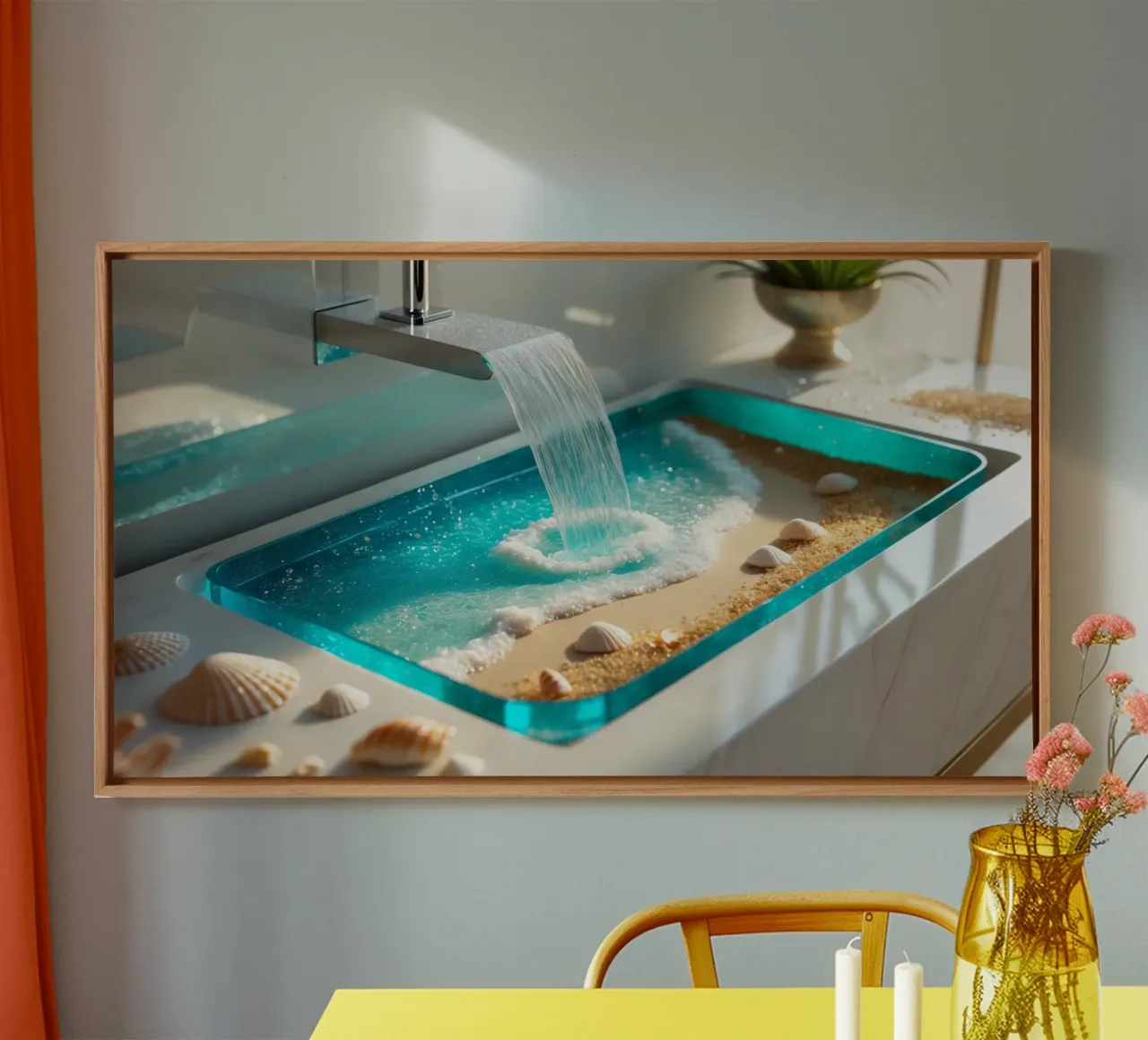 bathroom sink design features flowing water and sandy beach canvas by DesignDoodle