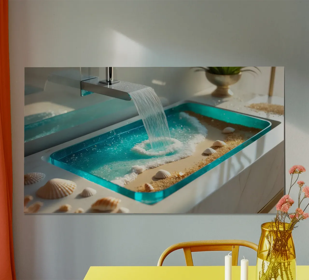 Il design del lavabo del bagno è caratterizzato da acqua che scorre e spiaggia sabbiosa carta hahnemühle da DesignDoodle