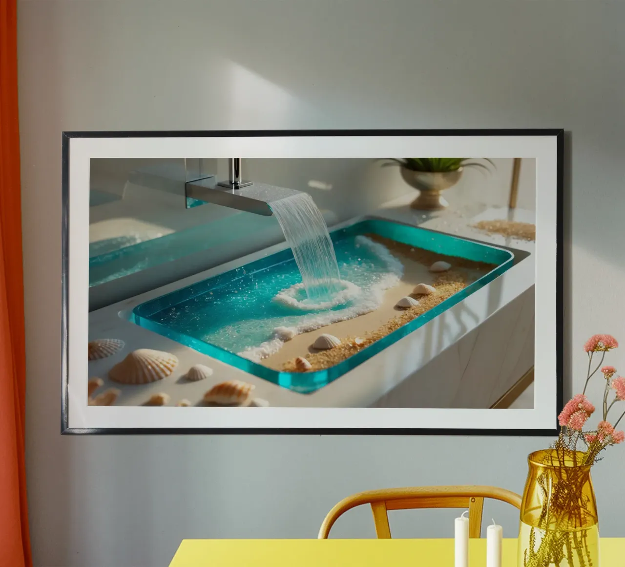 Il design del lavabo del bagno è caratterizzato da acqua che scorre e spiaggia sabbiosa carta hahnemühle da DesignDoodle