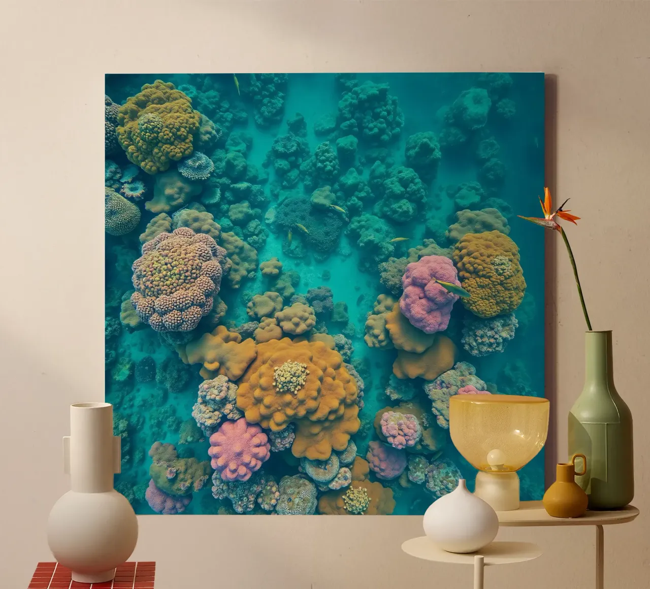 Kleurrijk koraalrif wemelt van zeeleven in helder water canvas met Baklijst van DesignDoodle