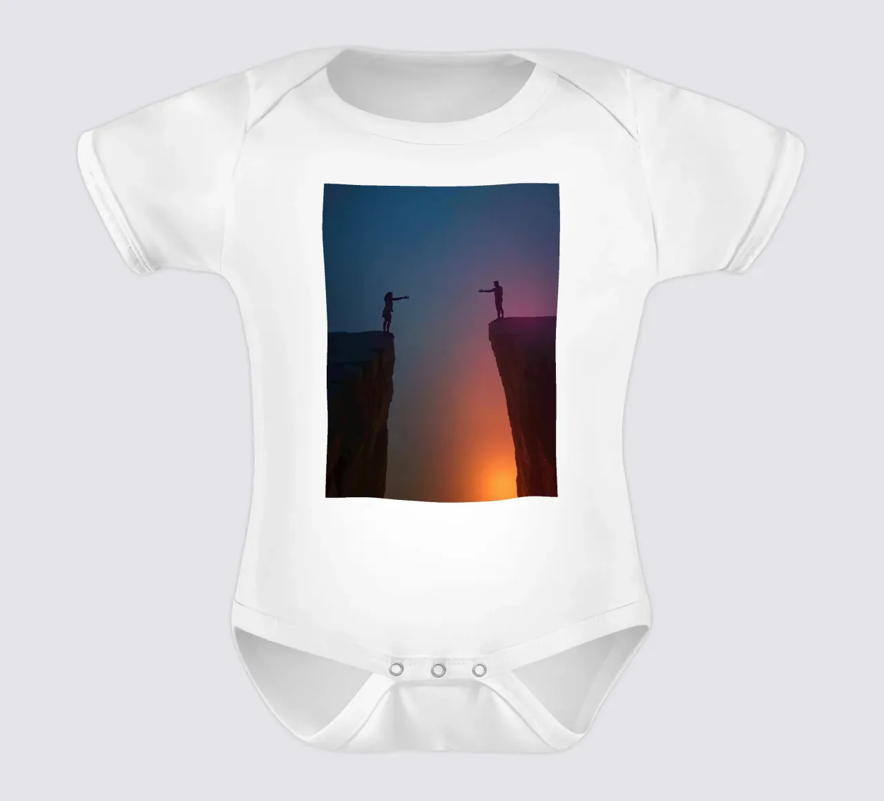 Two people reaching out to each other across a chasm short-sleeve baby romper by DesignDoodle