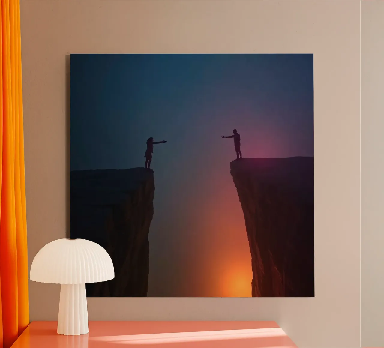 Two people reaching out to each other across a chasm alu-dibond by DesignDoodle