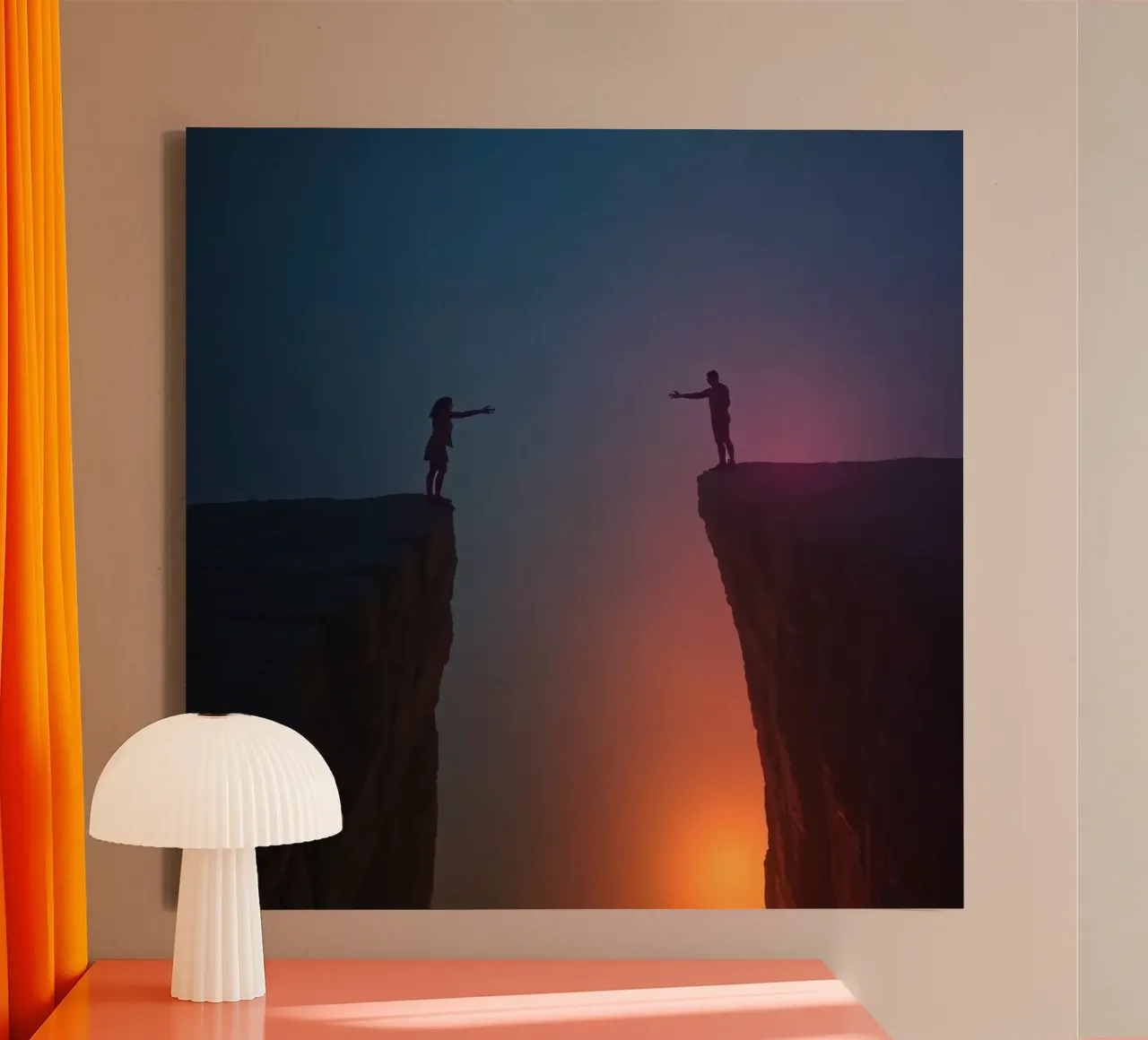 Two people reaching out to each other across a chasm canvas by DesignDoodle