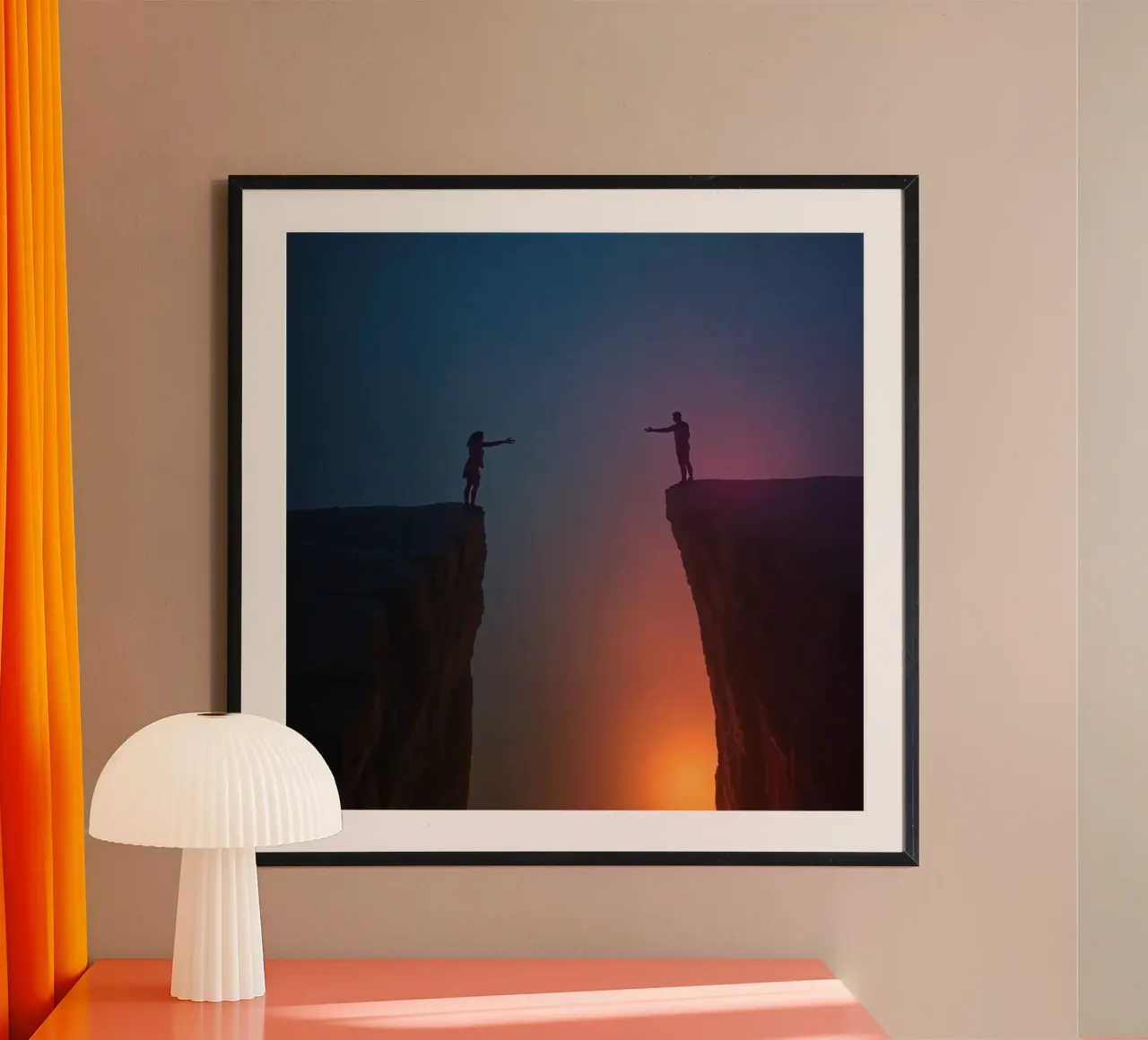 Two people reaching out to each other across a chasm hahnemühle by DesignDoodle