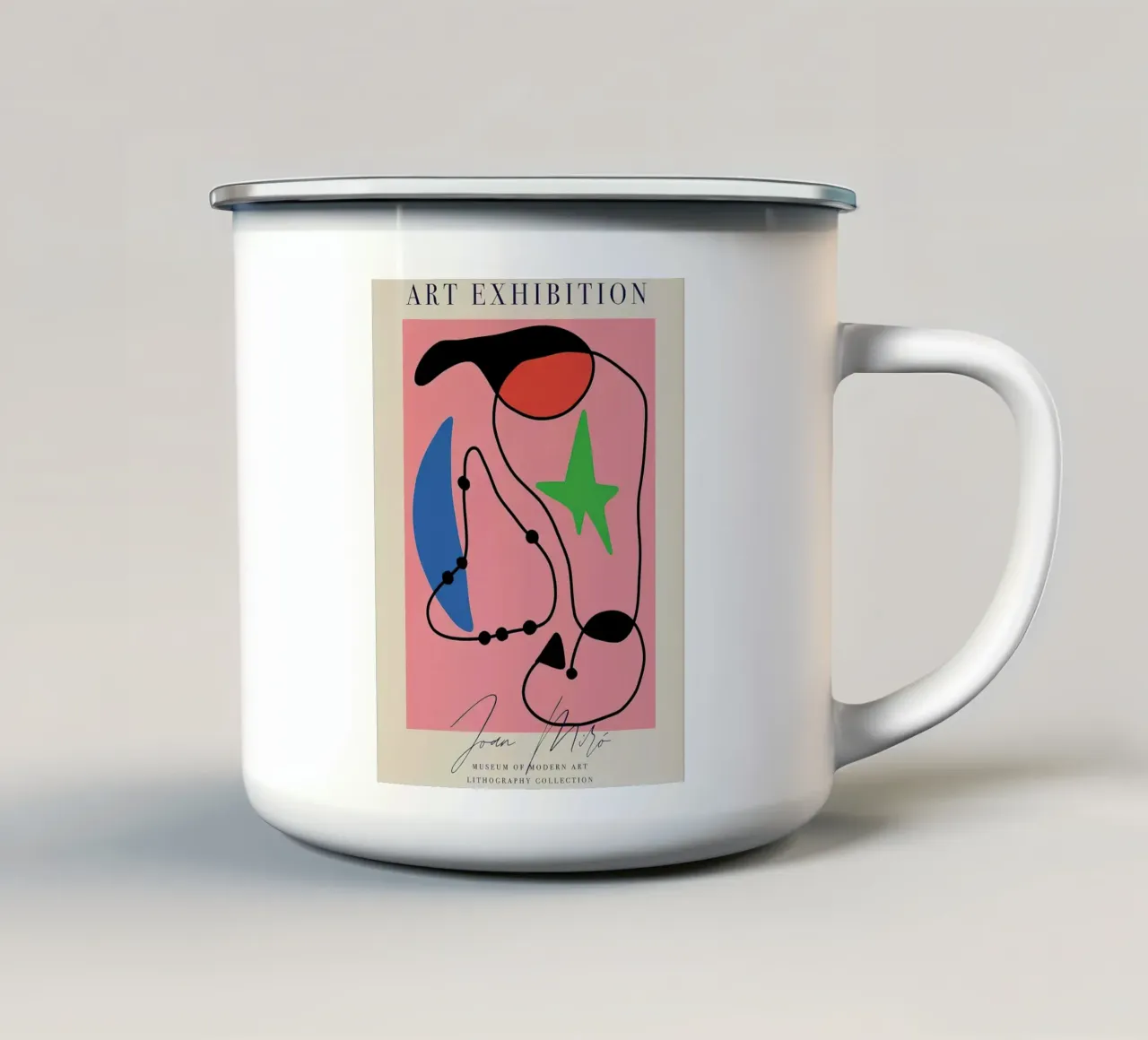 Manifesto della mostra d'arte di Joan Miro tazza in smalto da phillipp veisenberg