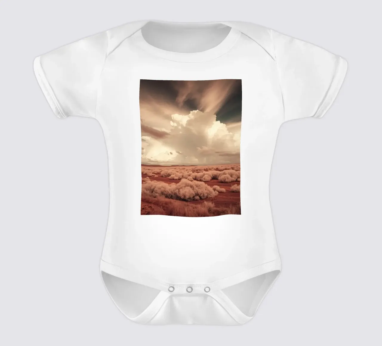 Vast desert landscape showcasing dramatic clouds & wildernes short-sleeve baby romper by DesignDoodle