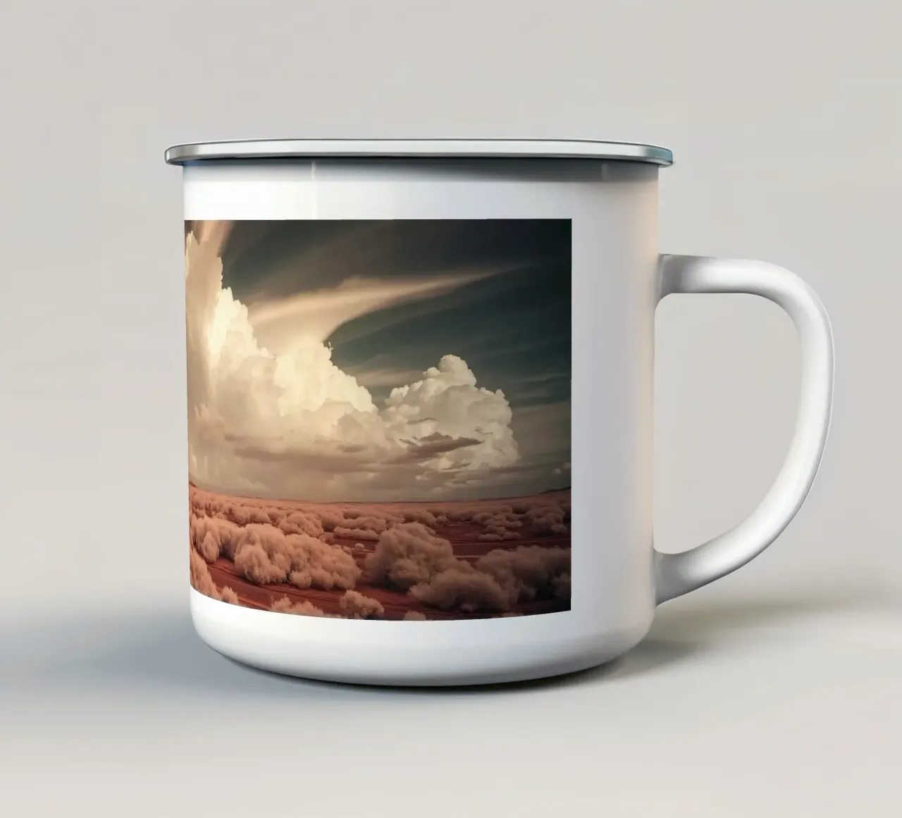Un vasto paesaggio desertico con nuvole e foreste selvagge tazza in smalto da DesignDoodle