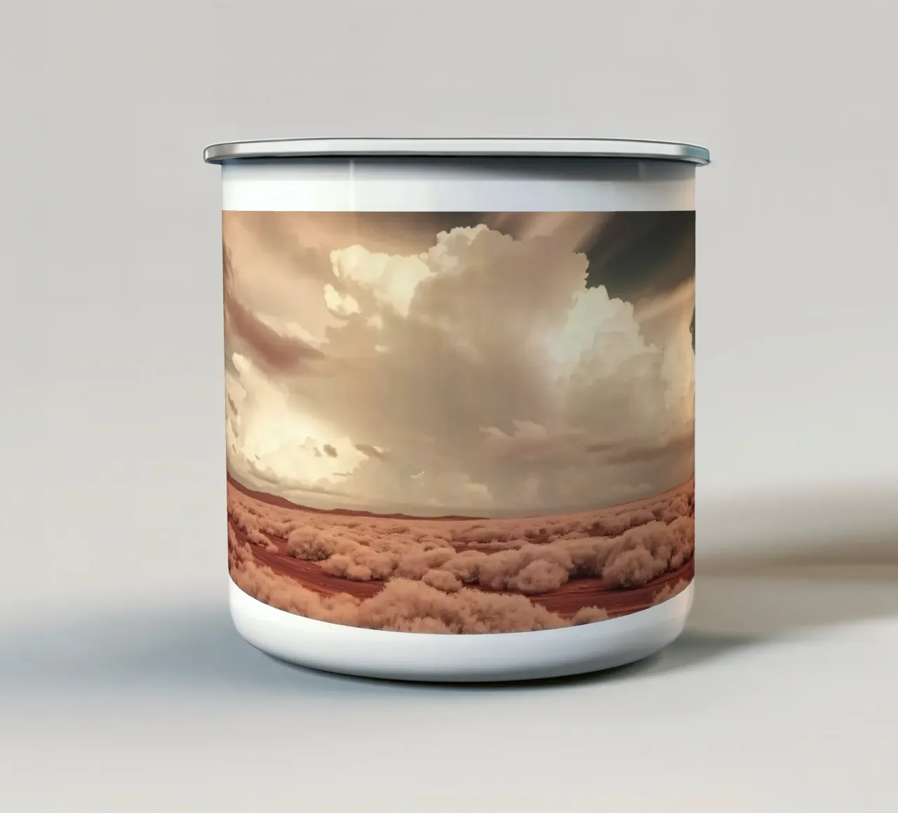 Un vasto paesaggio desertico con nuvole e foreste selvagge tazza in smalto da DesignDoodle