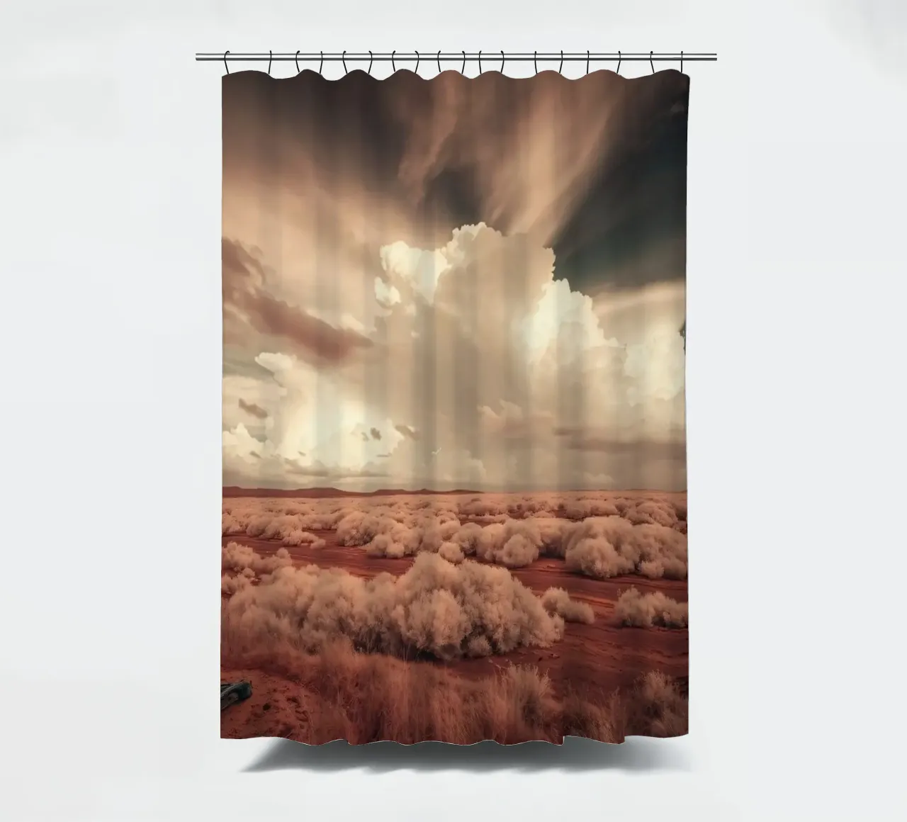 Vast desert landscape showcasing dramatic clouds & wildernes shower curtain by DesignDoodle