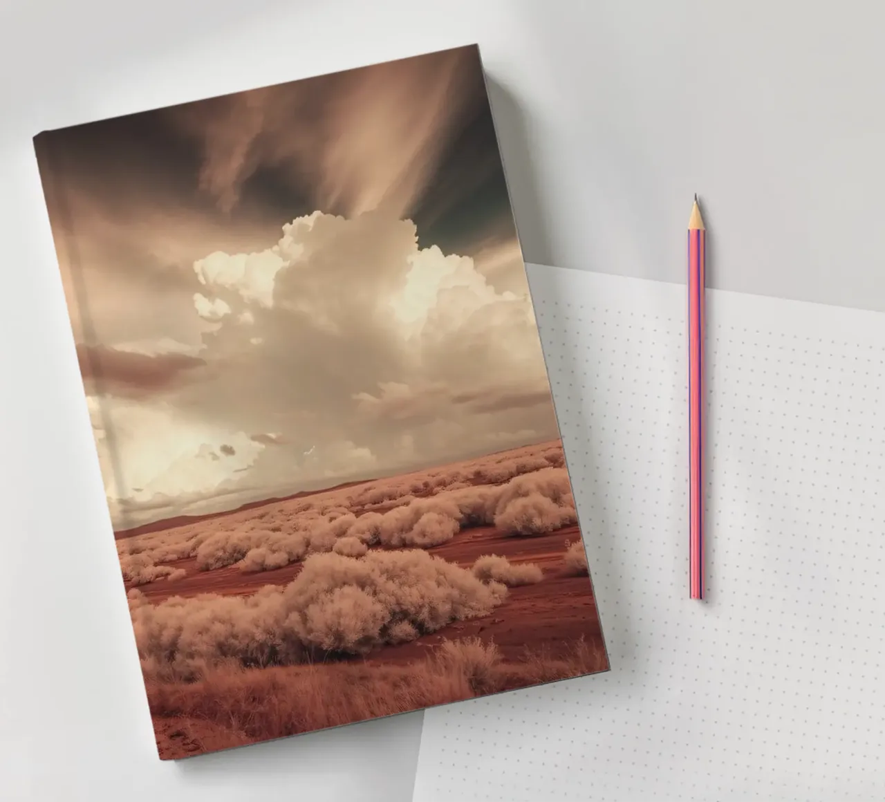 Vast desert landscape showcasing dramatic clouds & wildernes notebook by DesignDoodle