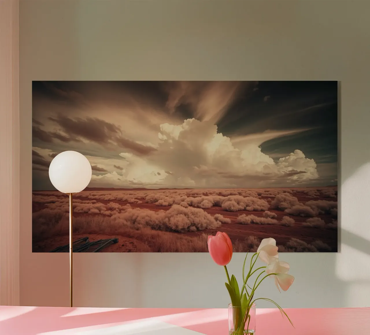 Un vasto paesaggio desertico con nuvole e foreste selvagge plexiglass da DesignDoodle