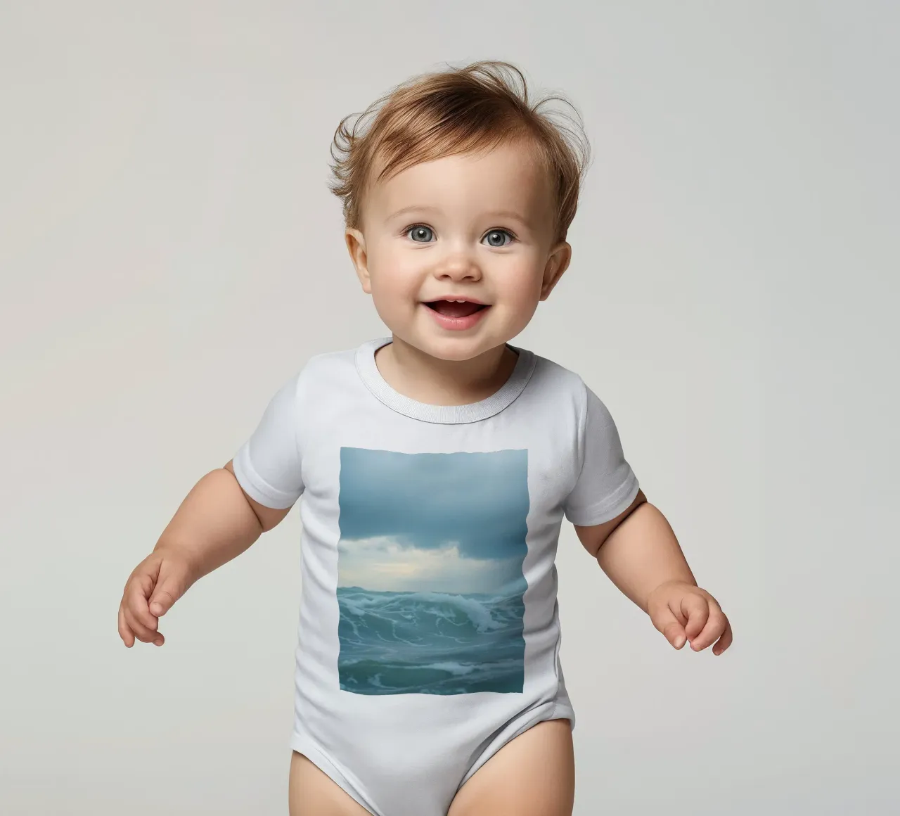 Waves crash against the shore under dark clouds at twilight short-sleeve baby romper by DesignDoodle