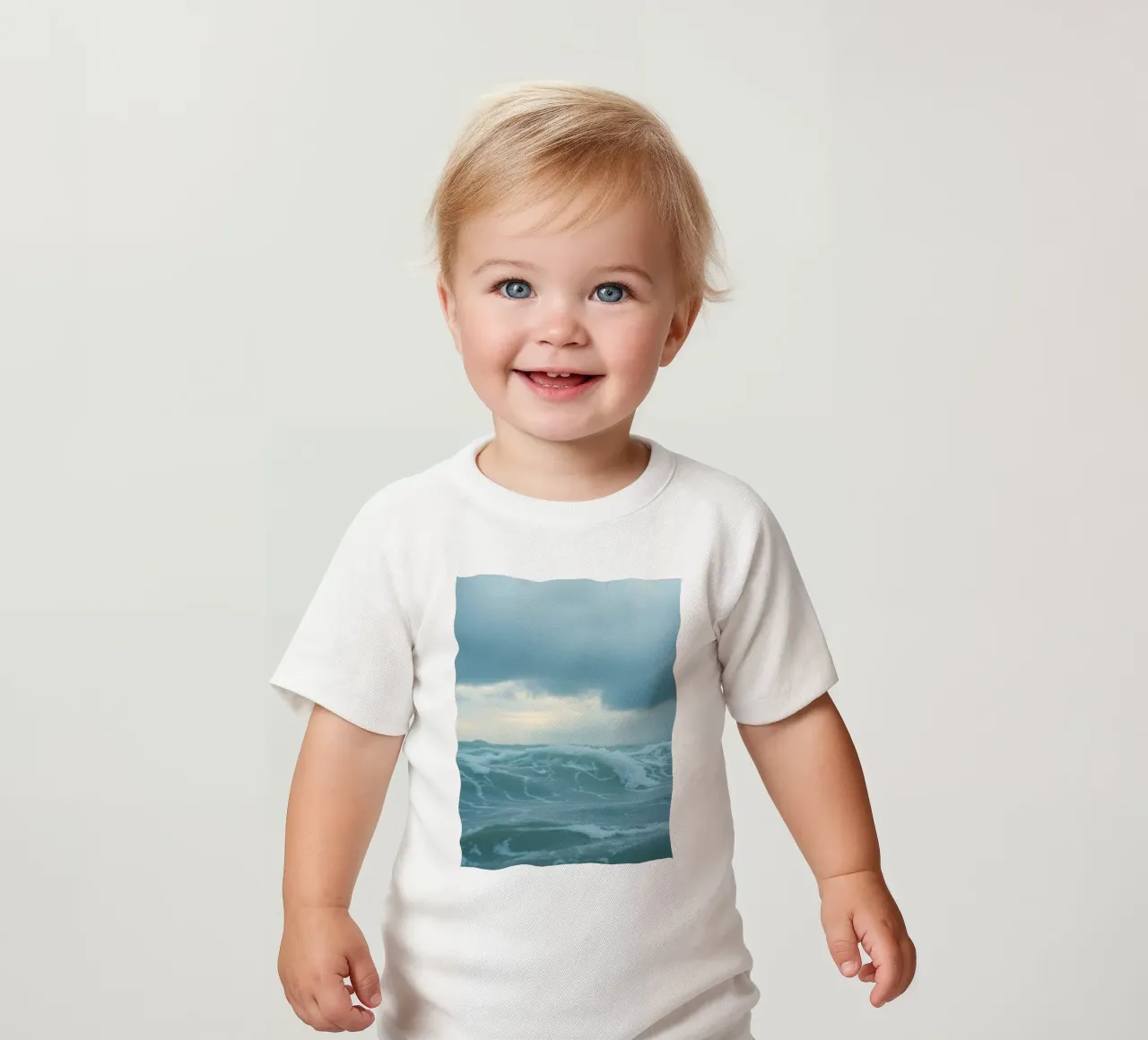 Waves crash against the shore under dark clouds at twilight baby t-shirt by DesignDoodle