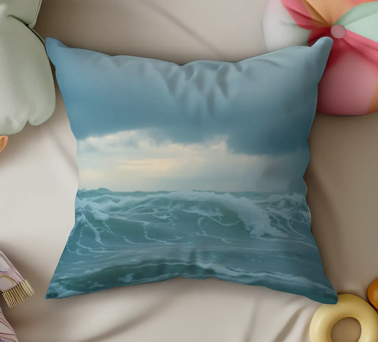 Le onde si infrangono sulla riva sotto le nuvole scure del crepuscolo cuscino da DesignDoodle