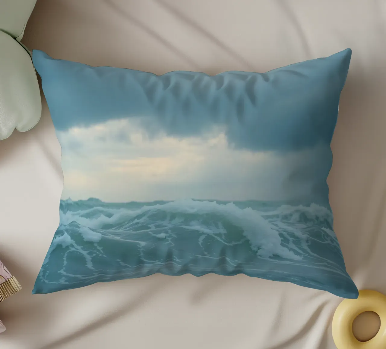Le onde si infrangono sulla riva sotto le nuvole scure del crepuscolo cuscino da DesignDoodle