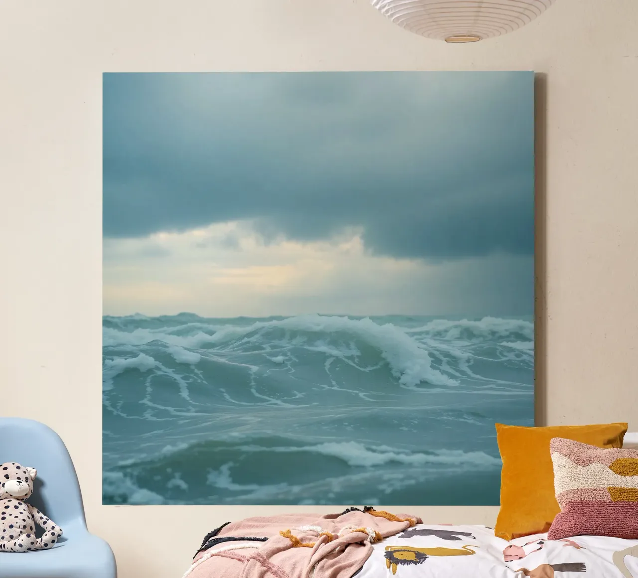 Waves crash against the shore under dark clouds at twilight canvas by DesignDoodle