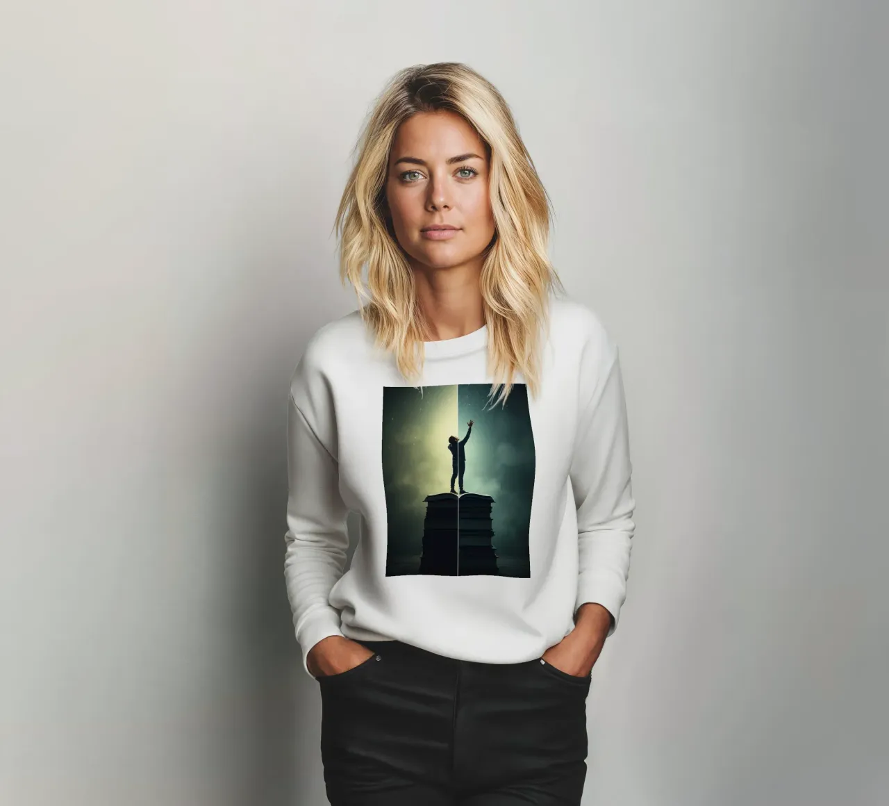 man reaches for stars while standing on a stack of books sweatshirt by DesignDoodle