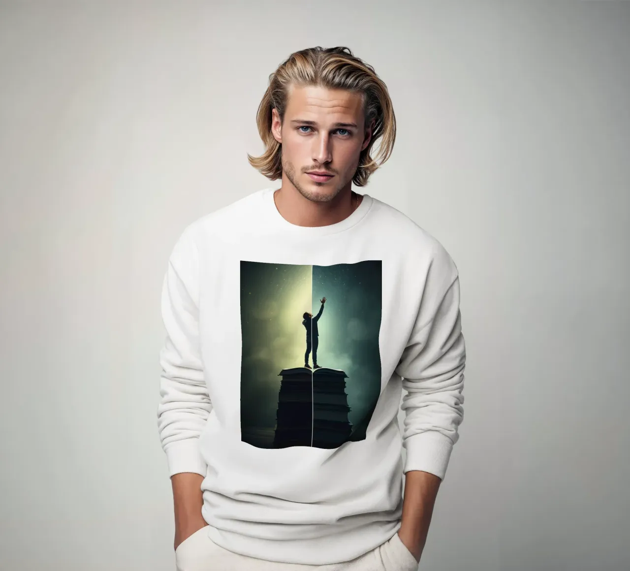 man reaches for stars while standing on a stack of books sweatshirt by DesignDoodle