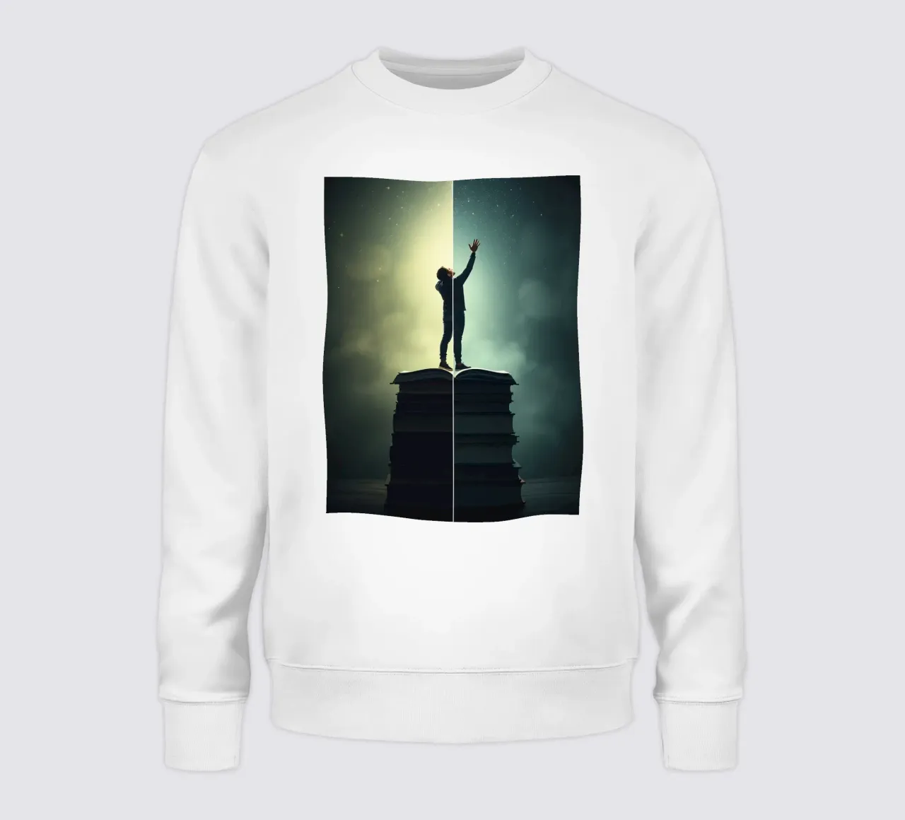 man reaches for stars while standing on a stack of books sweatshirt by DesignDoodle