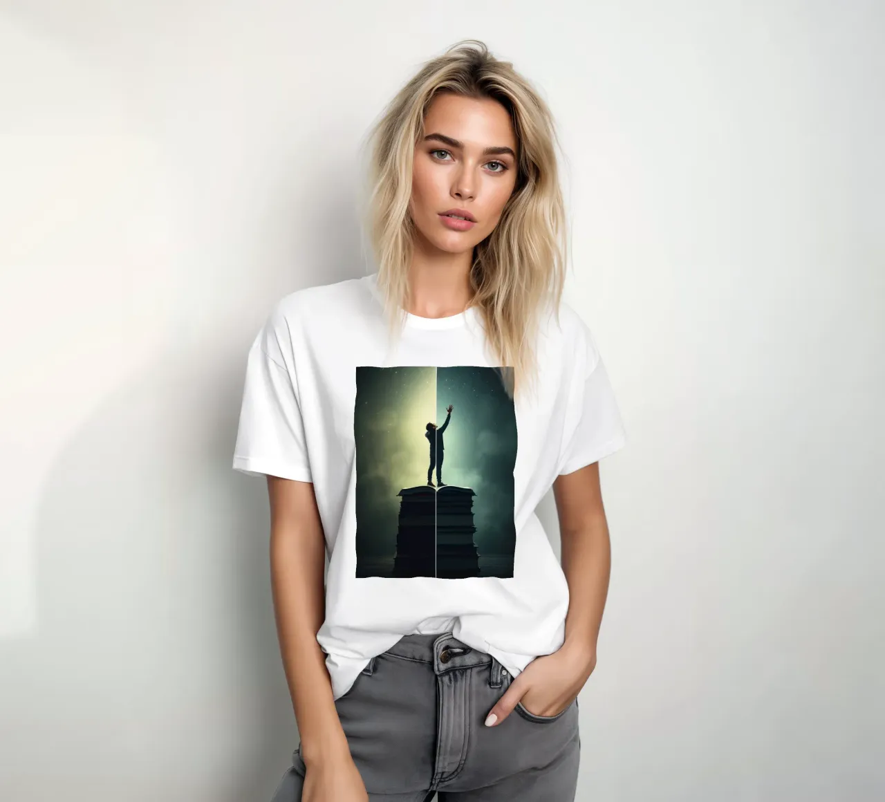 man reaches for stars while standing on a stack of books t-shirt by DesignDoodle