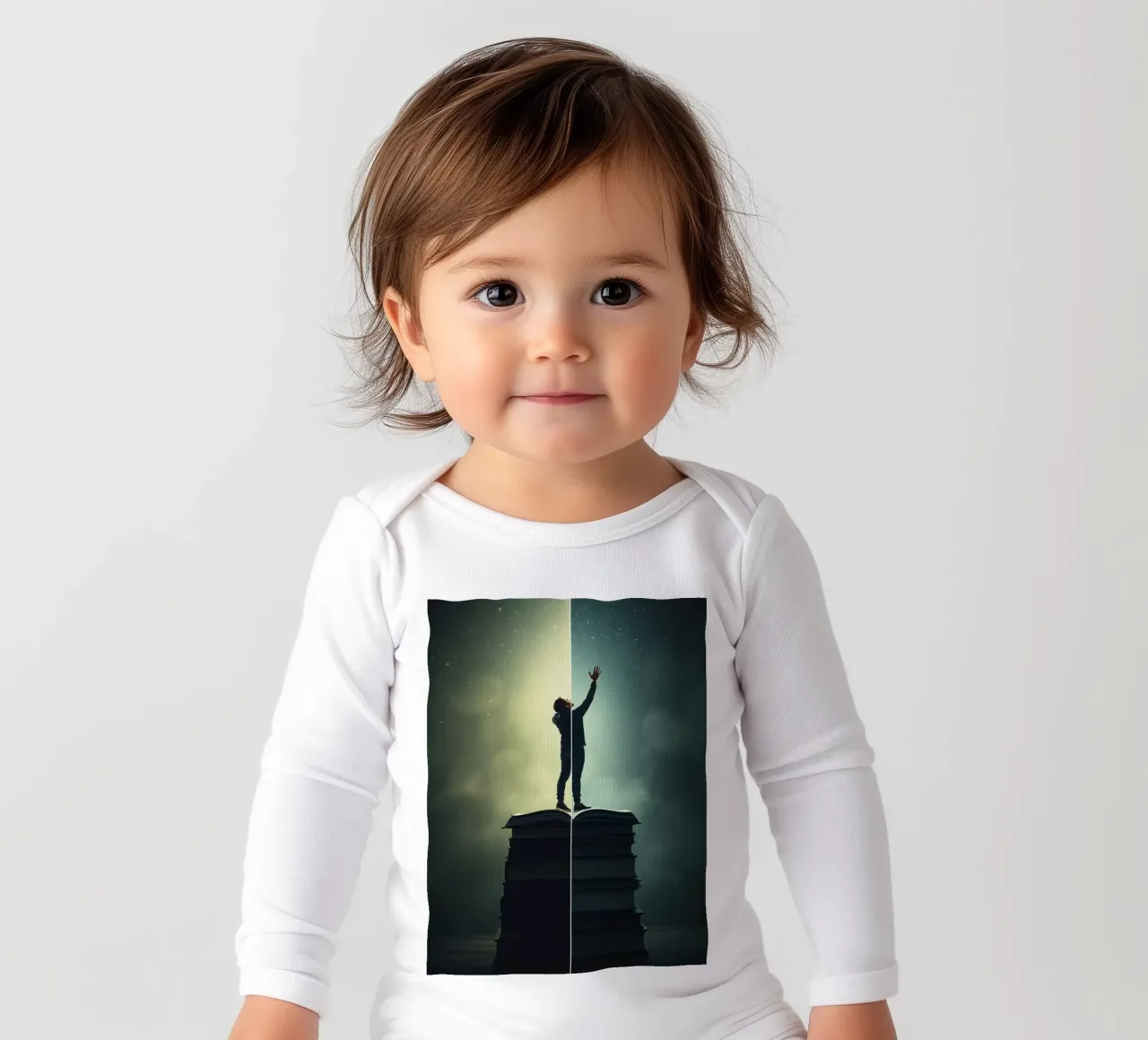 man reaches for stars while standing on a stack of books long-sleeve baby romper by DesignDoodle