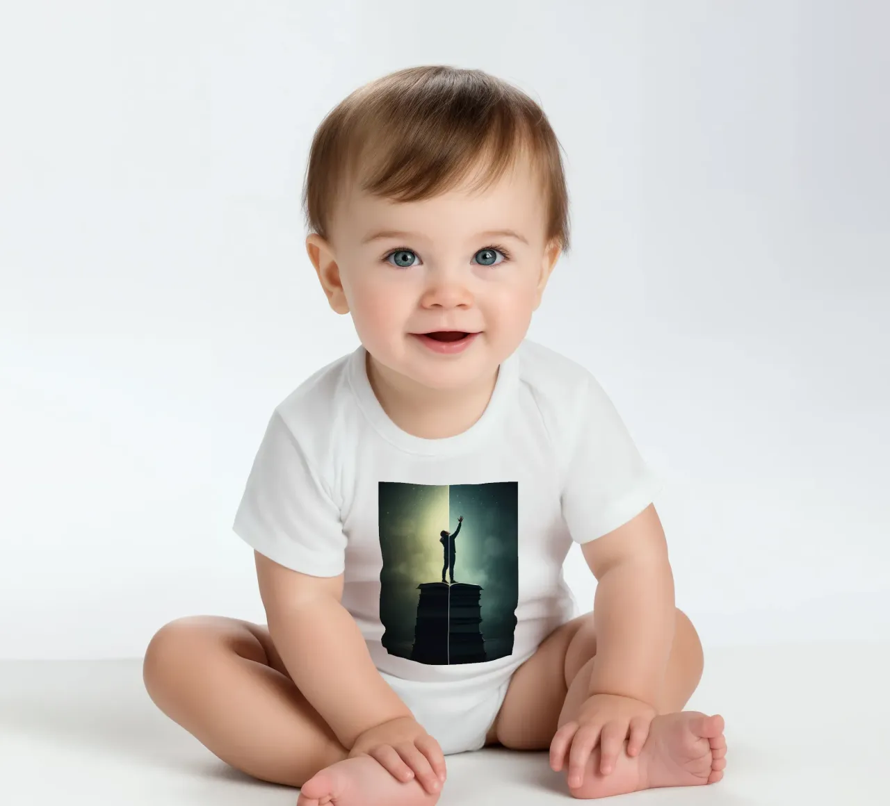 man reaches for stars while standing on a stack of books short-sleeve baby romper by DesignDoodle