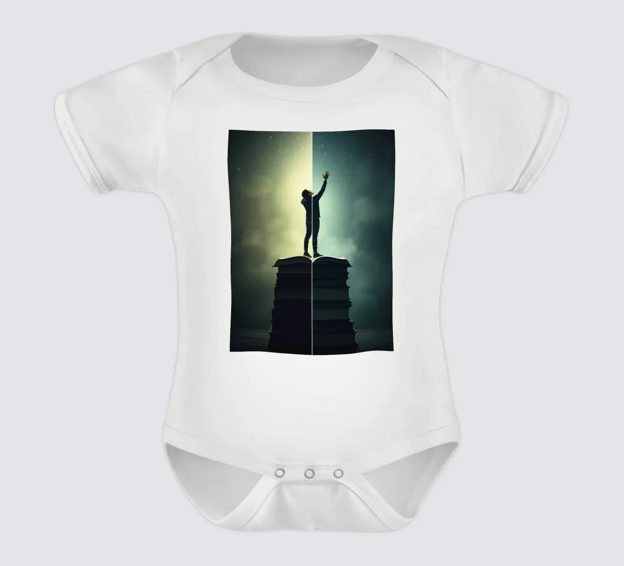 man reaches for stars while standing on a stack of books short-sleeve baby romper by DesignDoodle