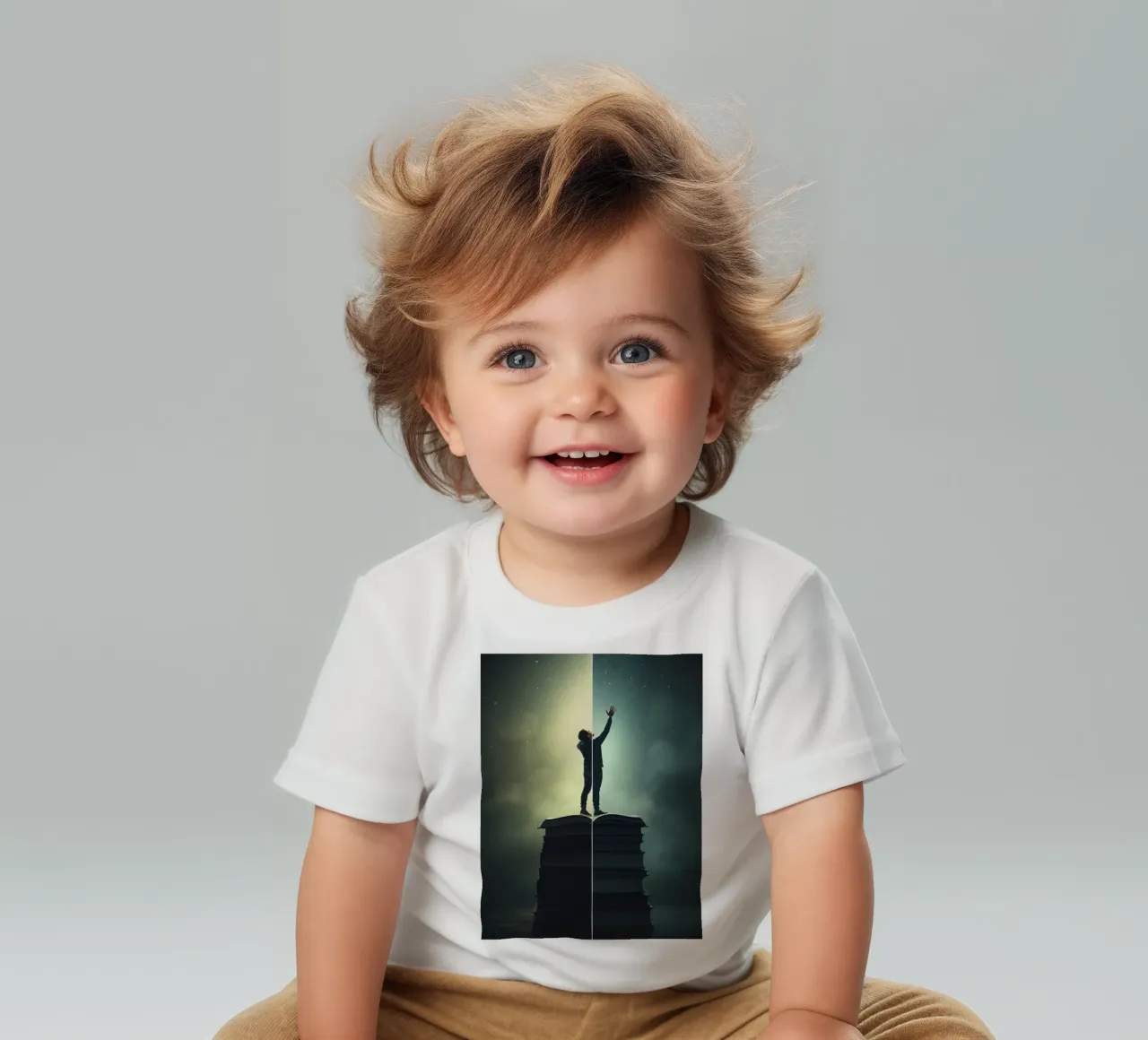 man reaches for stars while standing on a stack of books baby t-shirt by DesignDoodle
