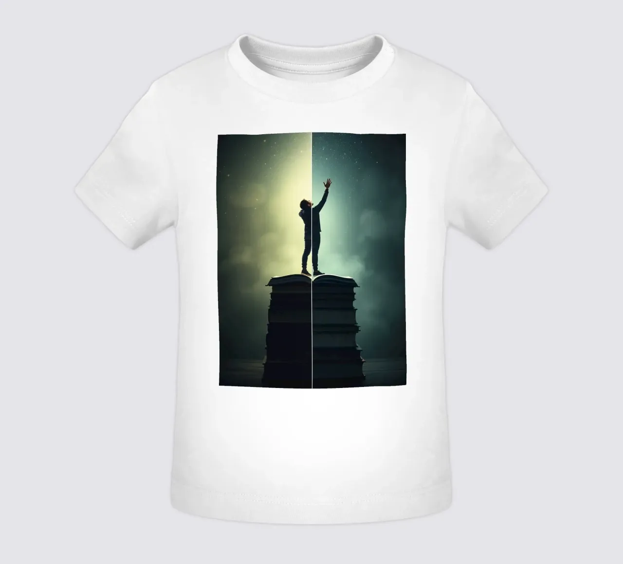 man reaches for stars while standing on a stack of books baby t-shirt by DesignDoodle