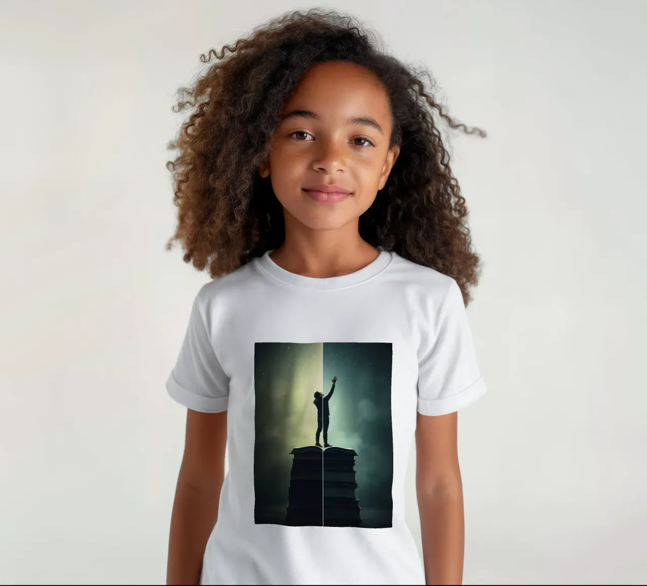 man reaches for stars while standing on a stack of books kids t-shirt by DesignDoodle