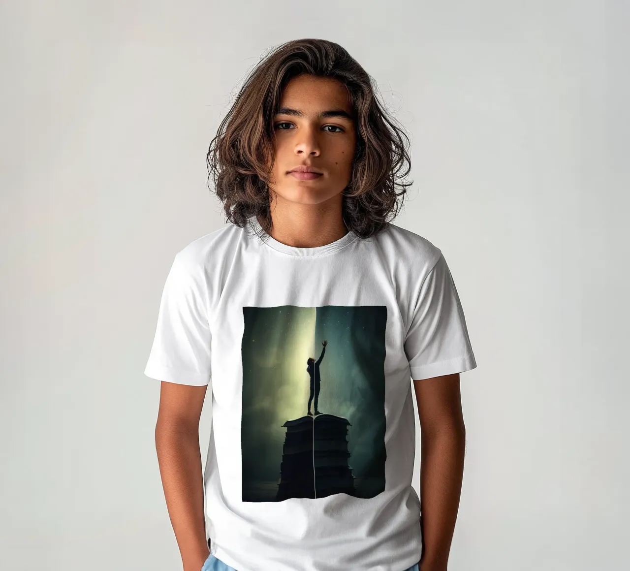 man reaches for stars while standing on a stack of books kids t-shirt by DesignDoodle