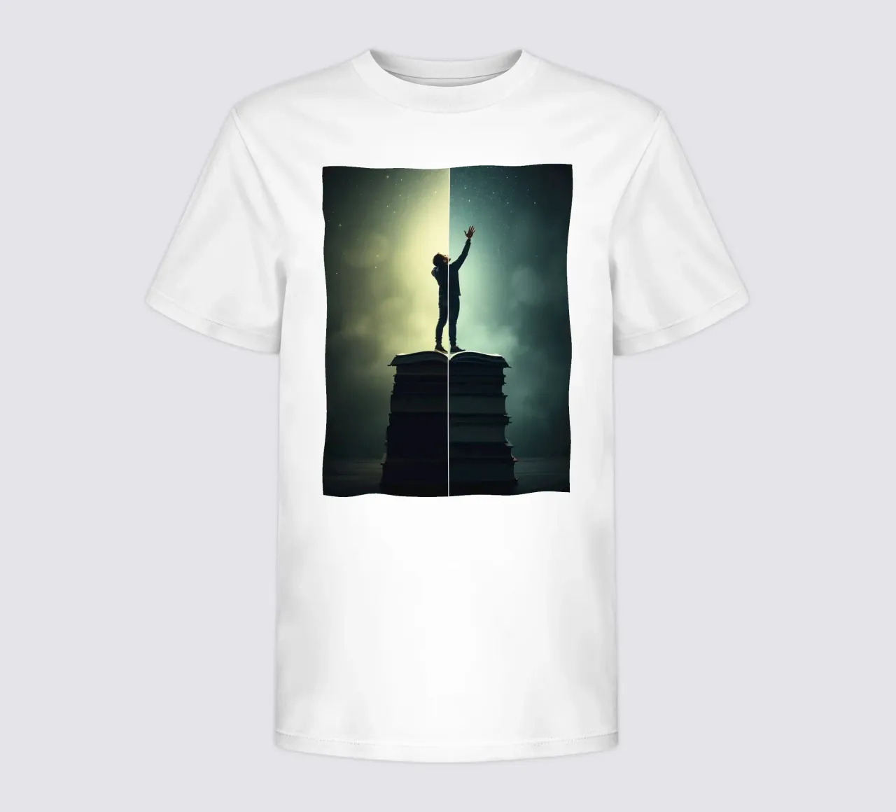man reaches for stars while standing on a stack of books kids t-shirt by DesignDoodle