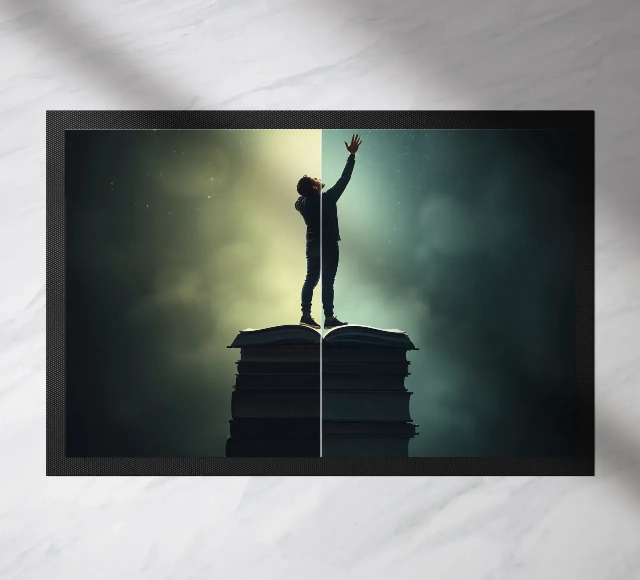 man reaches for stars while standing on a stack of books doormat by DesignDoodle