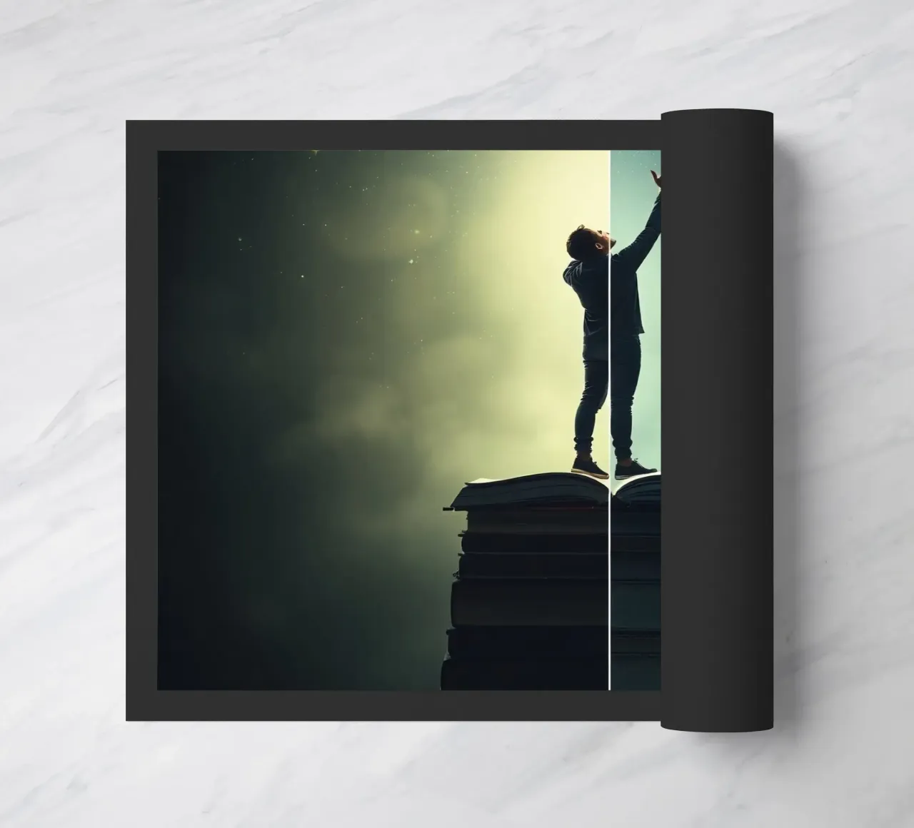 man reaches for stars while standing on a stack of books doormat by DesignDoodle