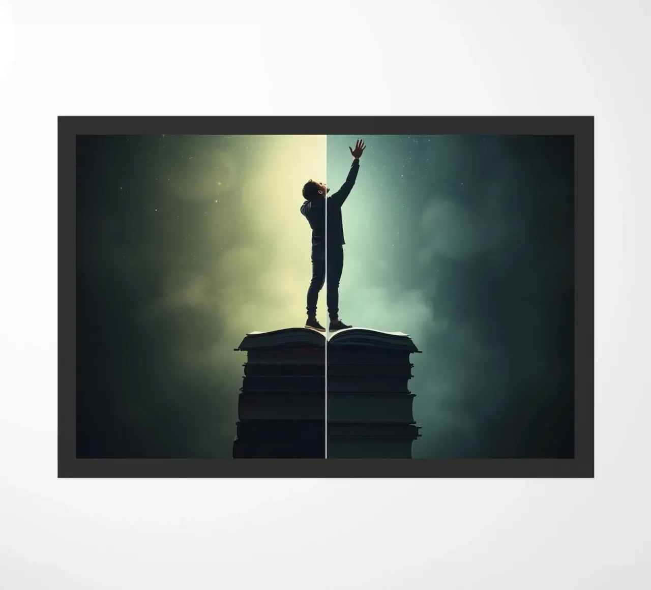 man reaches for stars while standing on a stack of books doormat by DesignDoodle