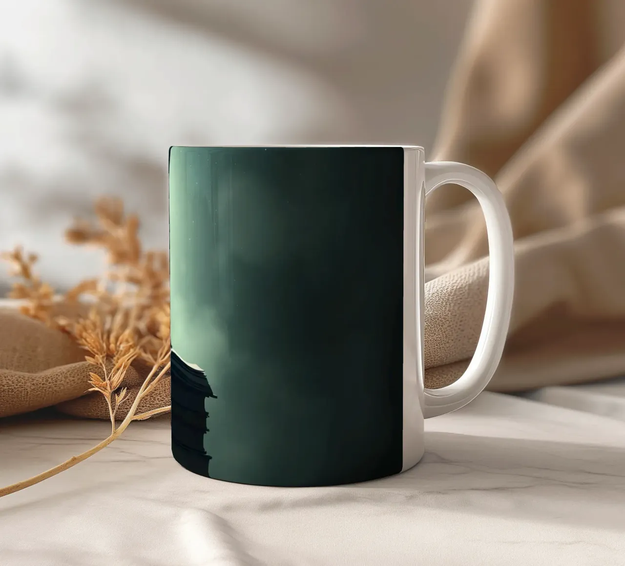 man reaches for stars while standing on a stack of books ceramic mug by DesignDoodle