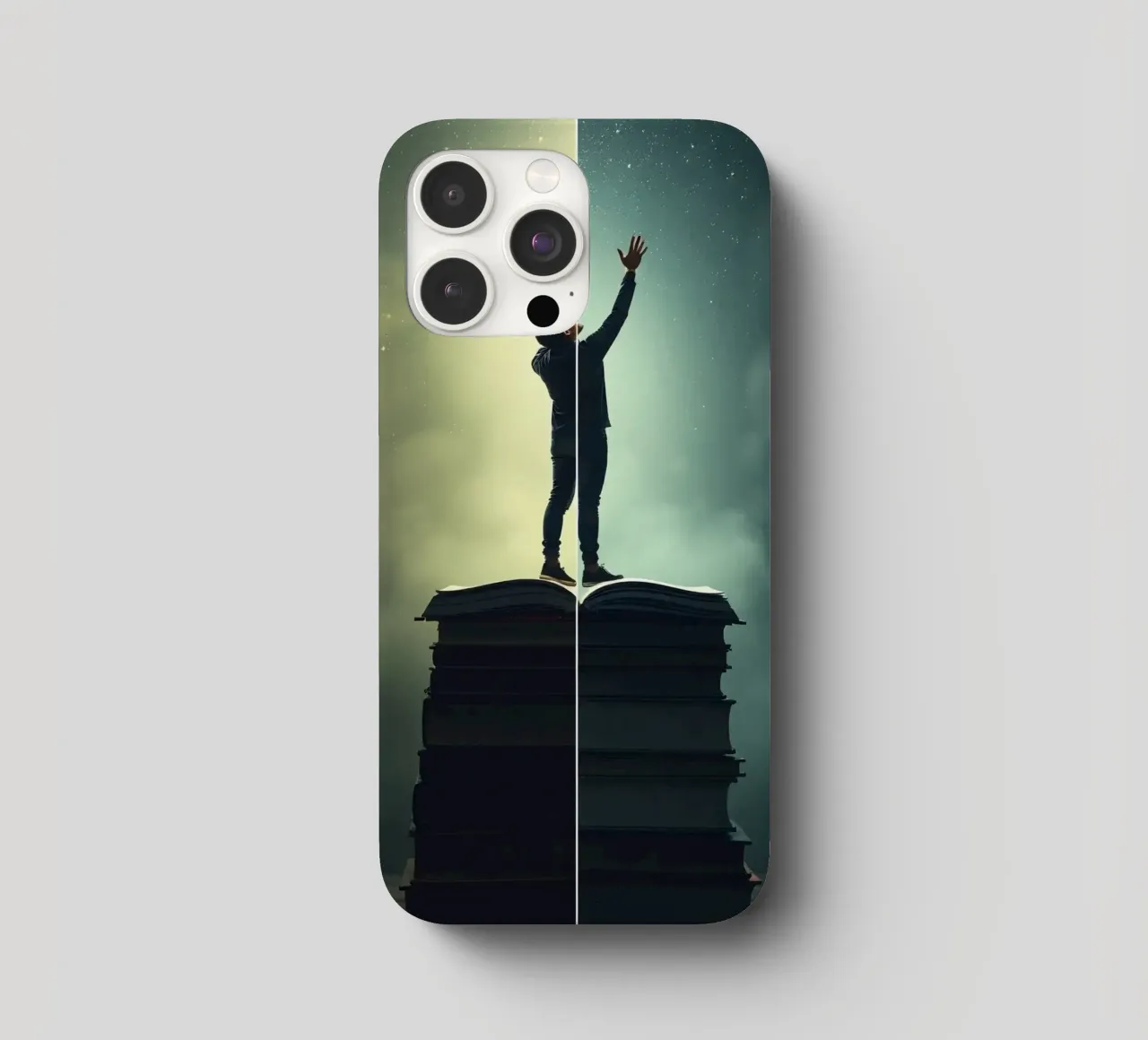 man reaches for stars while standing on a stack of books iphone case by DesignDoodle