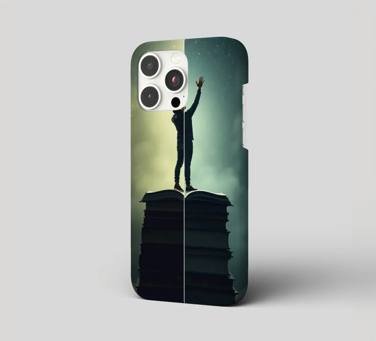 man reaches for stars while standing on a stack of books iphone case by DesignDoodle
