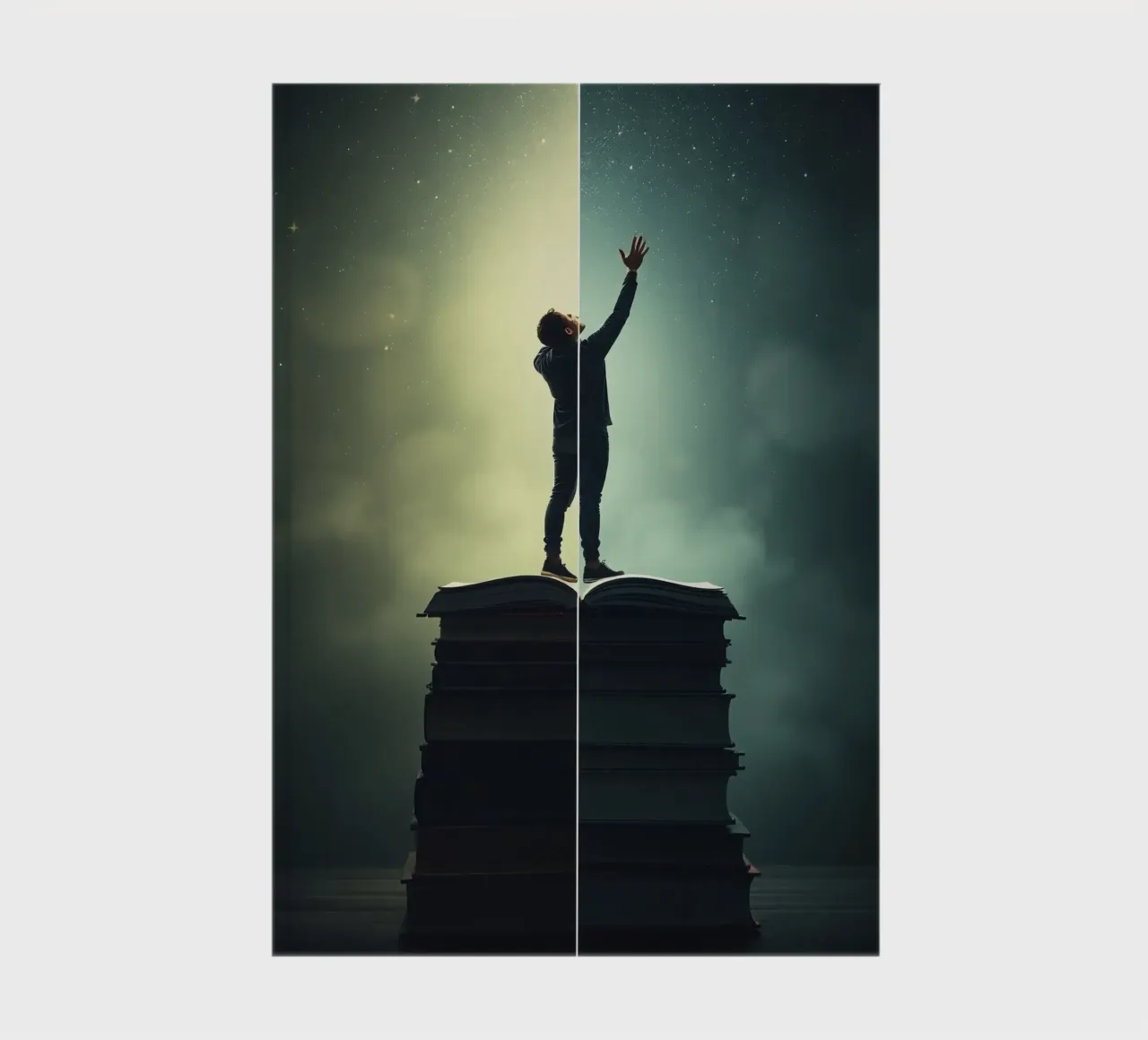 man reaches for stars while standing on a stack of books notebook by DesignDoodle