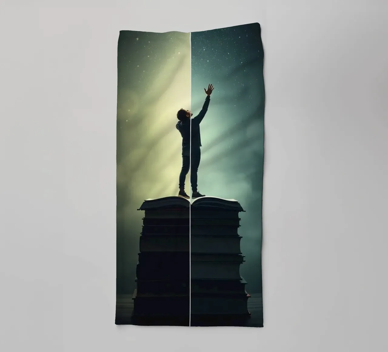 man reaches for stars while standing on a stack of books towel by DesignDoodle