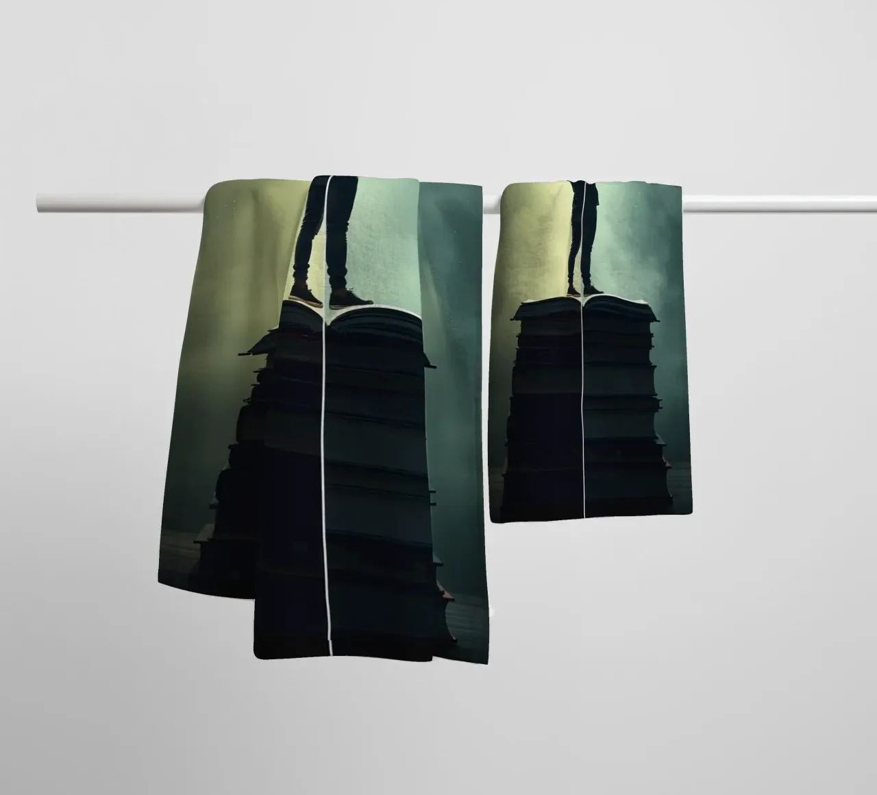 man reaches for stars while standing on a stack of books towel by DesignDoodle